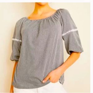 Ann Taylor striped lace trim lantern sleeve top blouse size small off shoulder